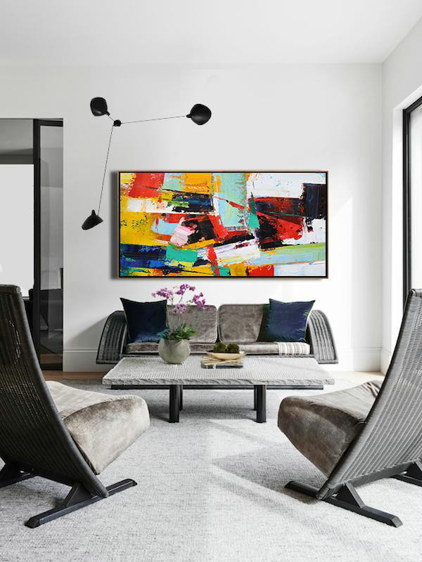Original Artwork Extra Large Abstract Painting,Horizontal Palette Knife Contemporary Art Panoramic Canvas Painting,Large Abstract Wall Art,White,Yellow,Red,Black.etc